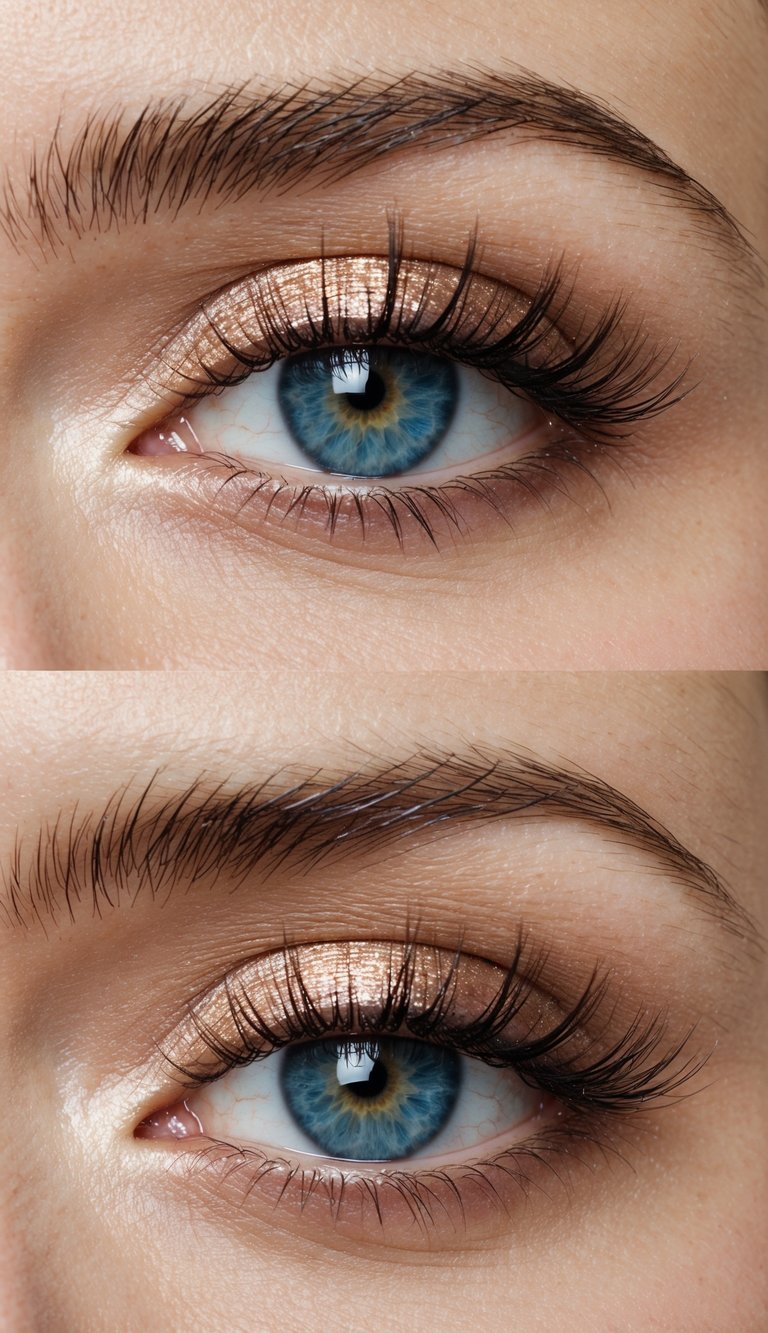 Close-up image of a blue eye featuring an eye makeup idea for blue eyes with soft rose gold shimmer eyeshadow, lightly defined lashes, and a natural brow finish.