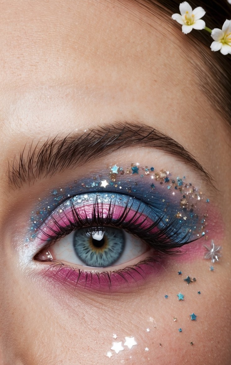 A close-up of an eye with intricate makeup, featuring blue and pink eyeshadow and star-shaped glitter accents around the eye.