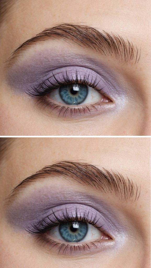 Macro photo of a blue eye featuring an eye makeup idea for blue eyes with muted lavender eyeshadow, smooth edges, minimal contrast, and soft lashes.