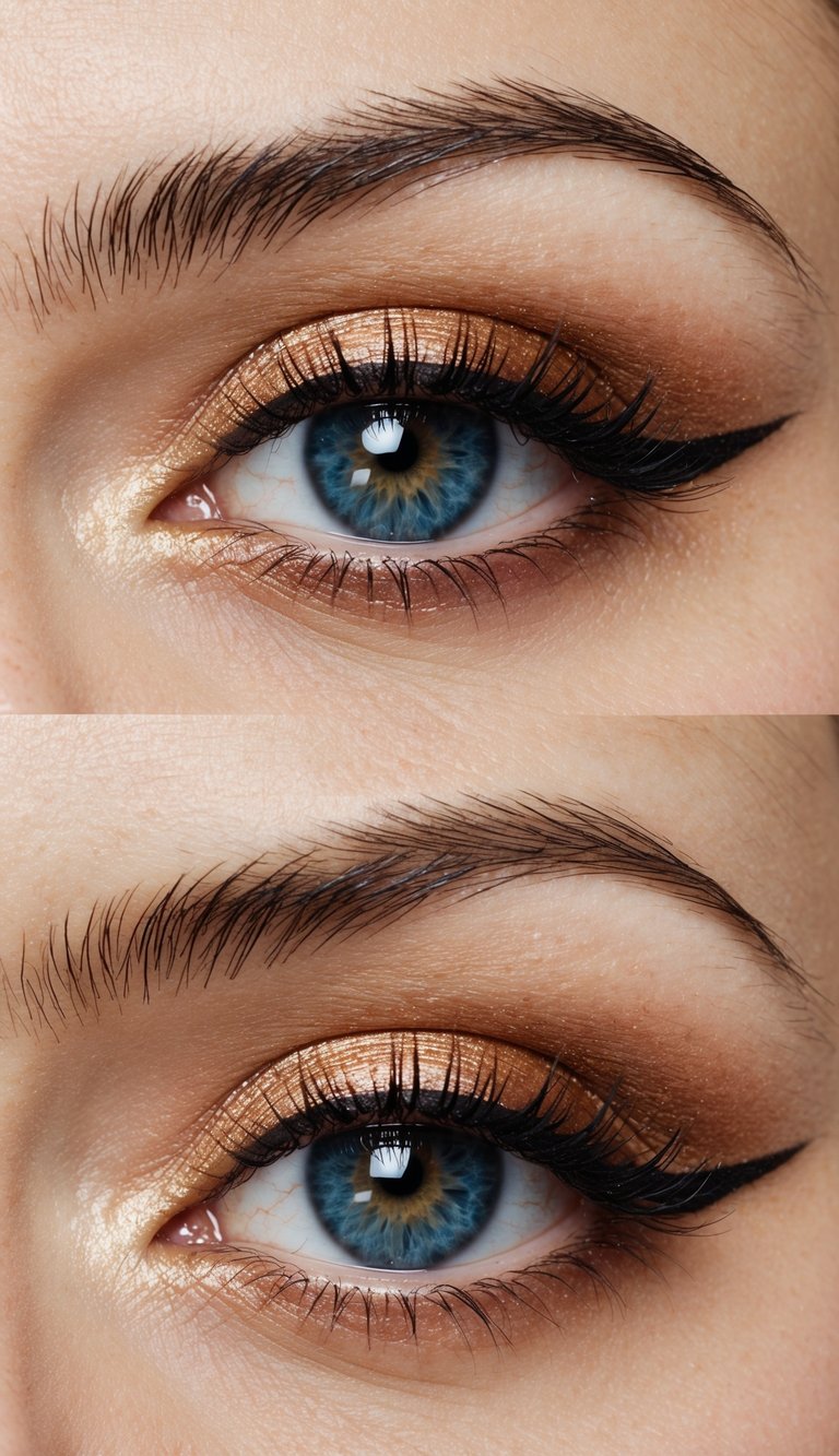 Eye-level photo highlighting an eye makeup idea for blue eyes with bronze eyeshadow, minimal smokey depth, soft winged eyeliner, and natural skin texture.