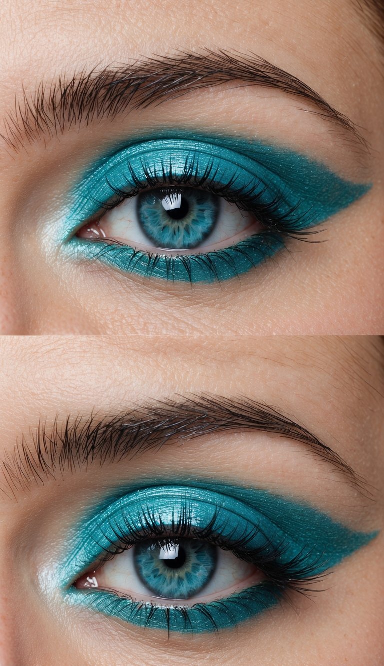 Eye-level view highlighting an eye makeup idea for blue eyes with metallic teal eyeshadow, defined outer shape, reflective shimmer, and natural brow texture.