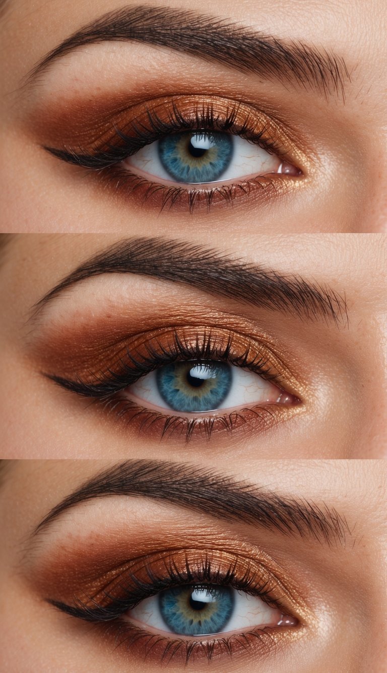 Close-up of a blue eye featuring an eye makeup idea for blue eyes with burnished copper eyeshadow, softly smoked brown crease, winged eyeliner, and natural lashes.