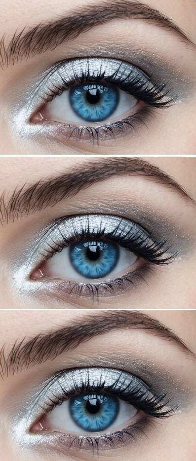 Close-up of a blue eye featuring an eye makeup idea for blue eyes with icy silver eyeshadow, soft gray blending, reflective shimmer, and delicately defined lashes.