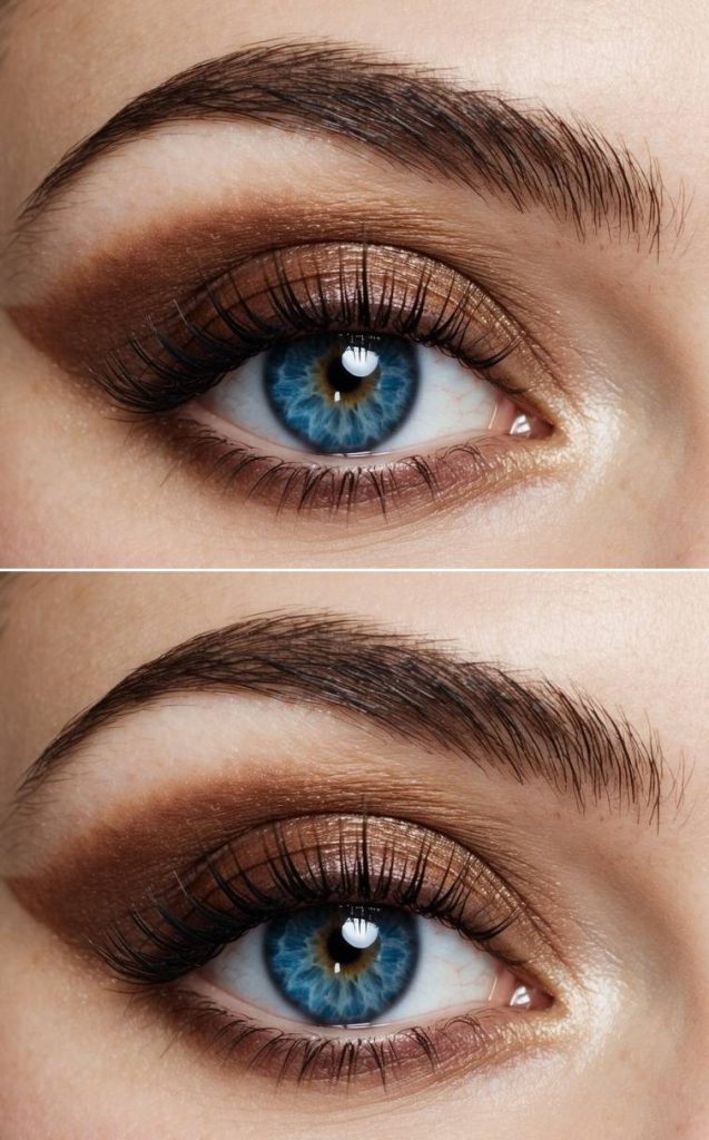 Macro-style photo of a blue eye wearing an eye makeup idea for blue eyes with soft bronze shimmer, warm brown blending, natural lashes, and understated definition.