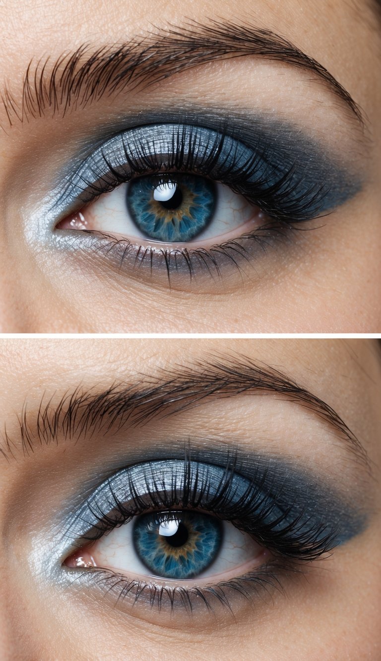 Detailed eye image showing an eye makeup idea for blue eyes with metallic silver-blue eyeshadow, diffused dark edges, reflective shimmer, and defined lashes.