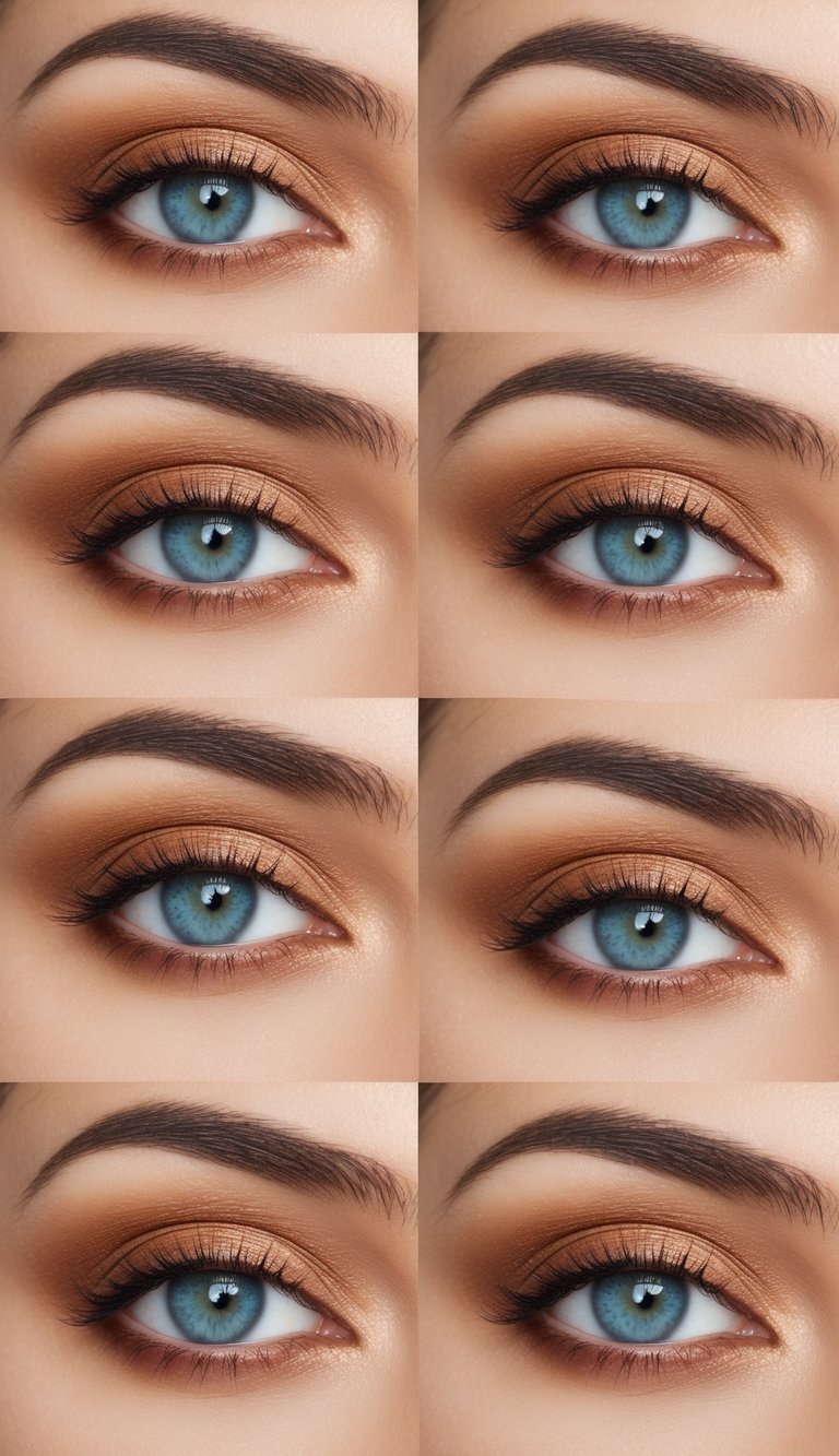 Close-up of blue eyes featuring an eye makeup idea for blue eyes with caramel brown eyeshadow, soft golden shimmer, diffused blending, and natural lashes.