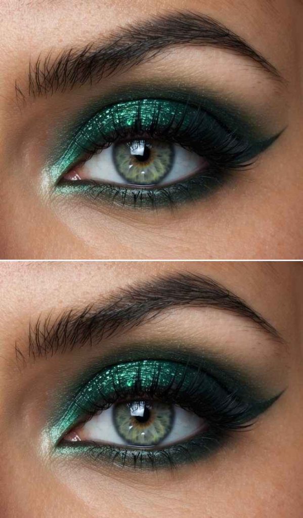 Detailed view of metallic forest green eyeshadow layered with deeper green shading across the crease and lower lash line for a glowing Christmas look.
