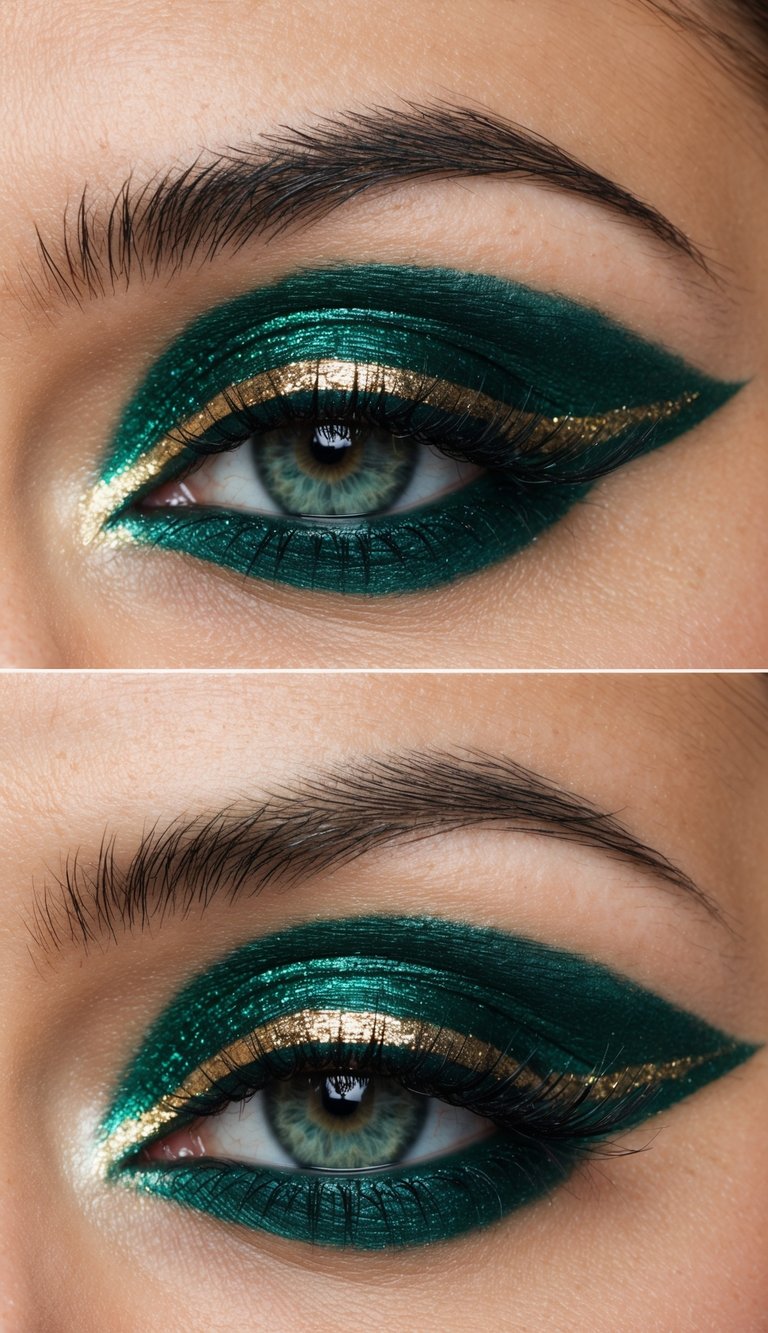 Macro shot of metallic emerald eyeshadow paired with a thin gold crease line and a crisp green wing.