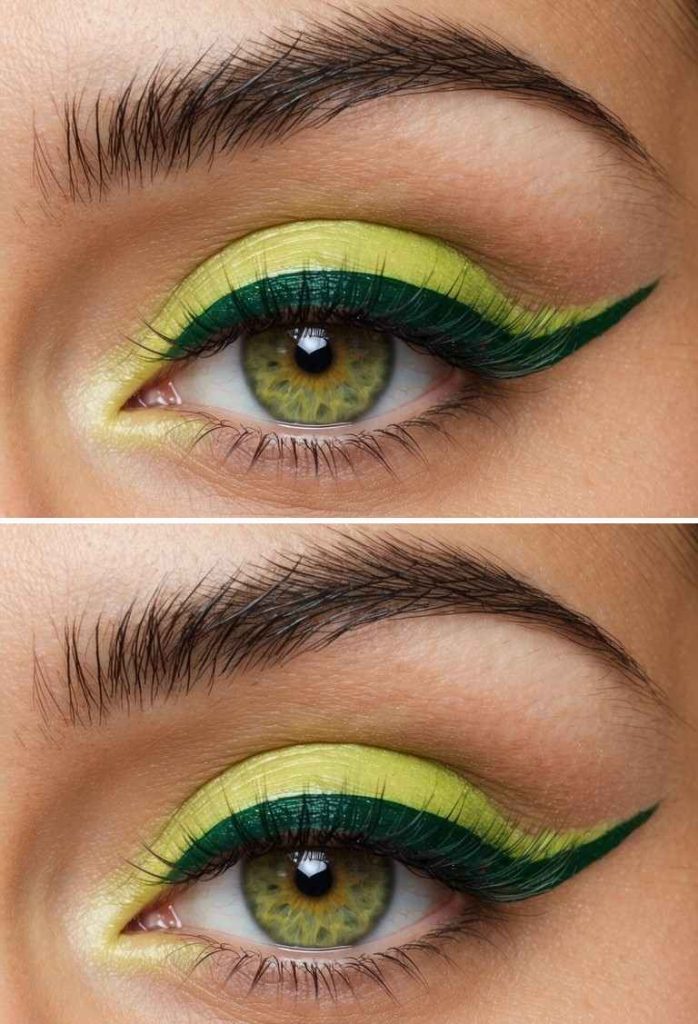 Eye makeup showing lemon-lime shadow across the lid and a bold curved green liner forming an extended wing.