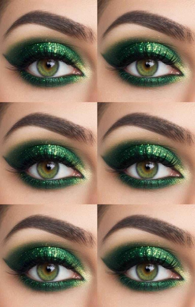 Multiple close-up shots of green glitter eyeshadow over a dark green smoky blend with reflective shimmer.