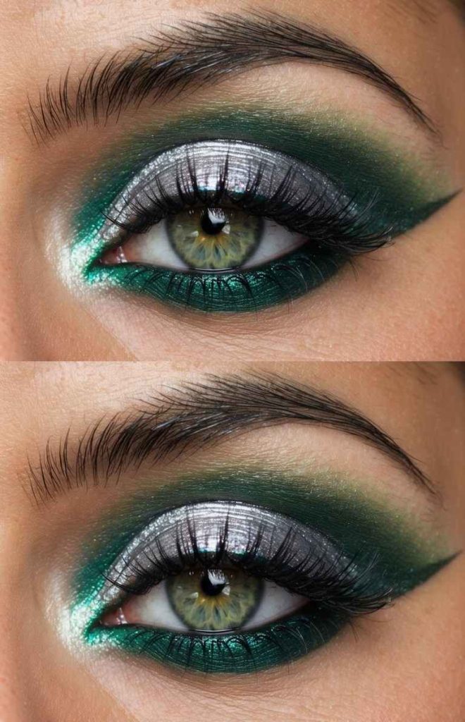 Close-up collage of eyes wearing metallic silver lids surrounded by emerald green smoky shadow and bright green inner-corner highlights.