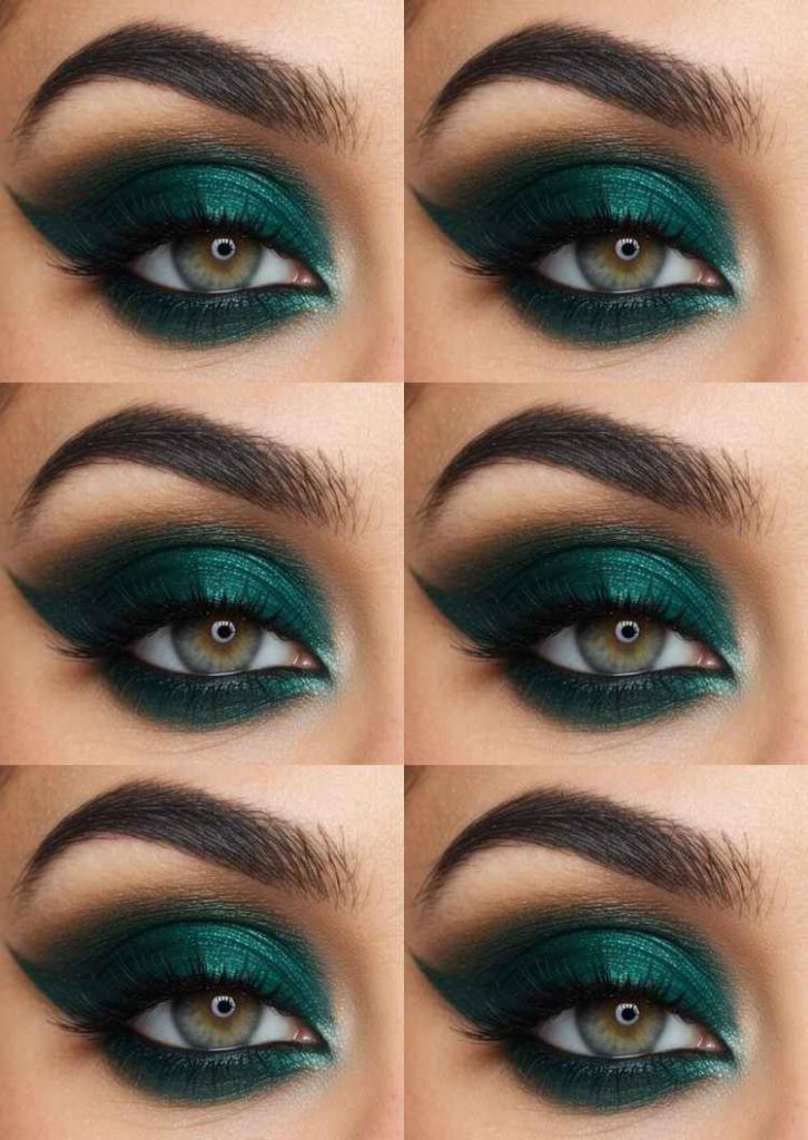 Multiple close-up images of emerald eyeshadow fading seamlessly into darker green edges with a glowing inner corner.