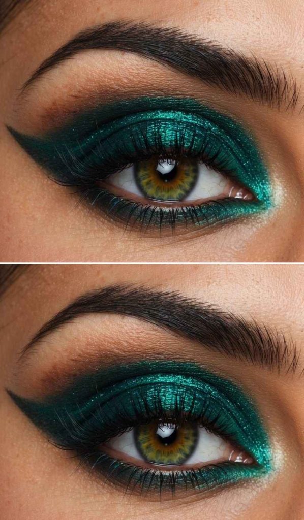 Macro image showing an emerald-teal eyeshadow gradient paired with dark winged smoke and brown blending above the crease.