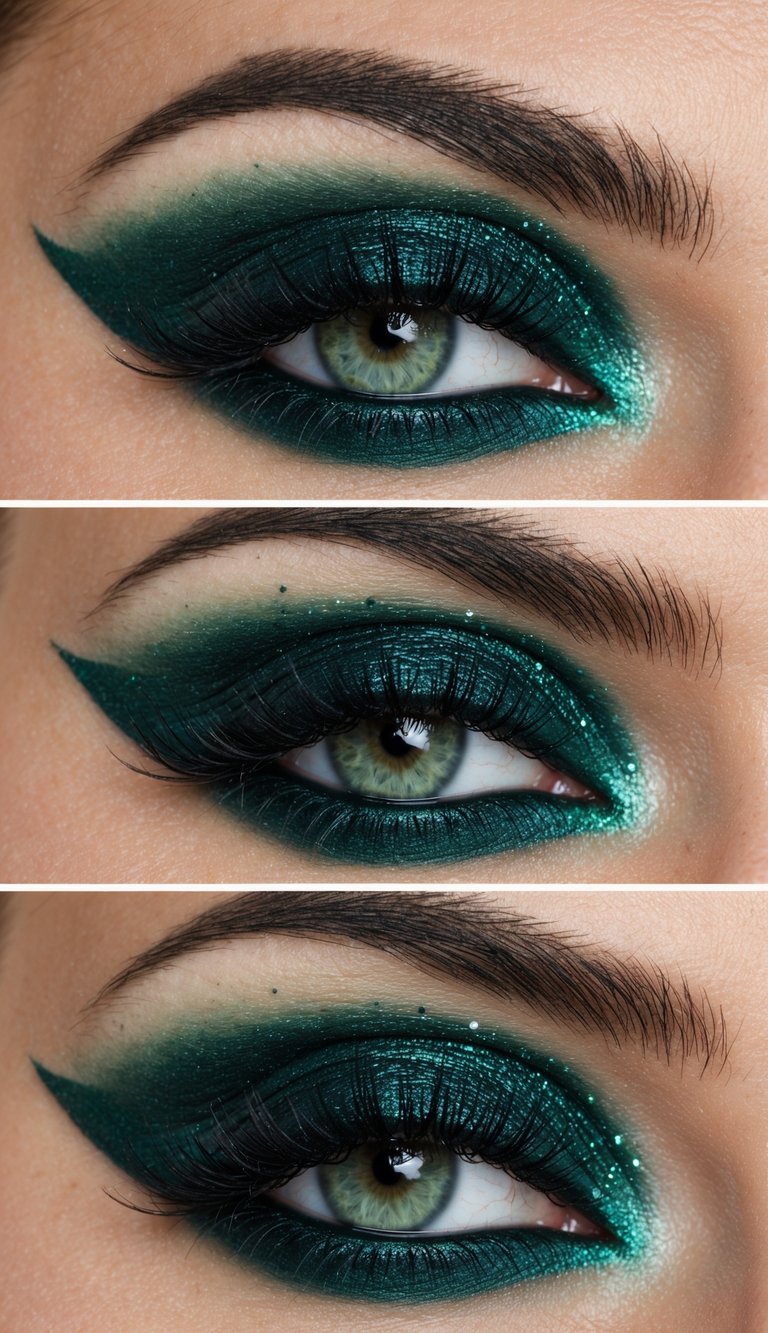 Multiple macro shots of emerald green eyeshadow with glitter specks and smooth smoked outer edges.