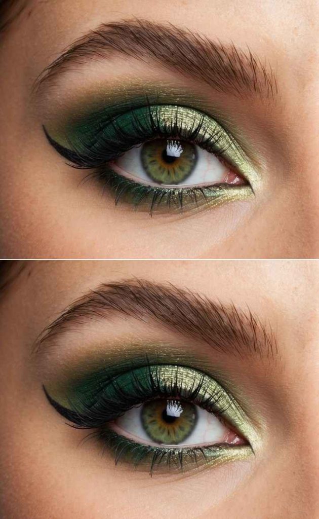 Macro image showing a gold-green lid with emerald smoky shadow and a precise elongated wing.