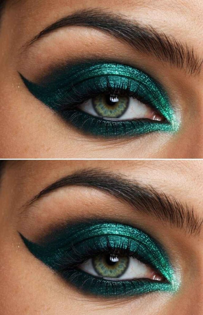 Series of close-ups featuring jewel-toned emerald shimmer, smoked edges, and a clean winged liner effect.
