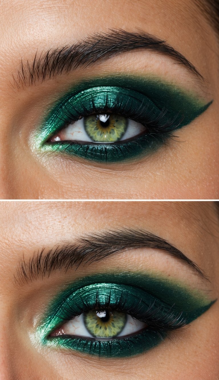 Emerald shimmer with gold inner-corner glow and precise winged liner.