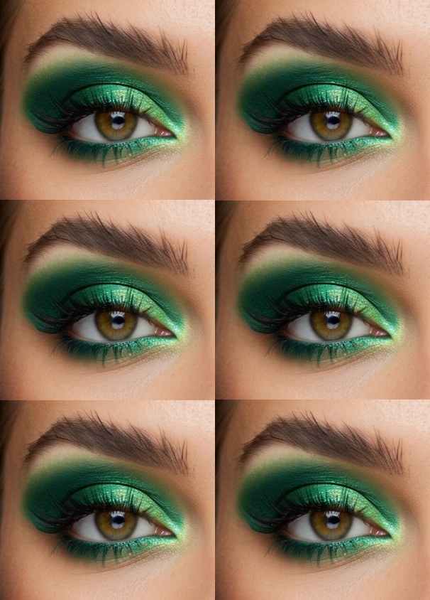 Multiple close-up shots featuring bright green shimmer on the lid transitioning into deeper green shading with a luminous highlight.