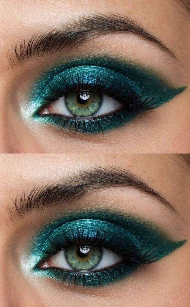 Close-up of an eye featuring metallic teal shadow, dark smoked winged edges, and a frosty inner-corner shimmer.
