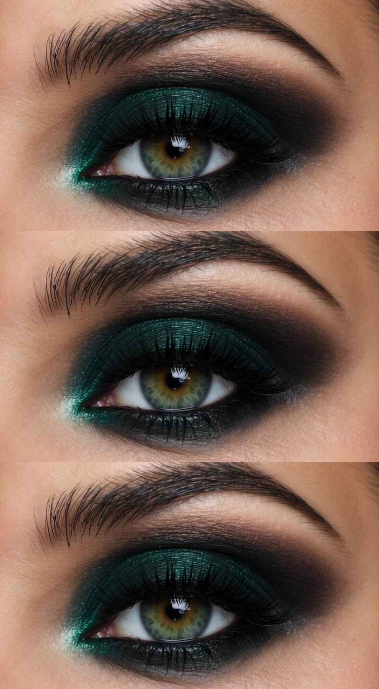 Close-up of three eyes with dramatic green and black smokey eye makeup, featuring thick eyebrows and long lashes.