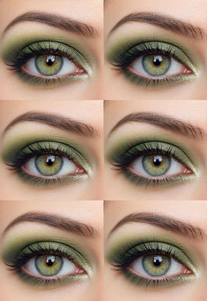 Sage and olive blended eyeshadow with pearly inner-corner glow.