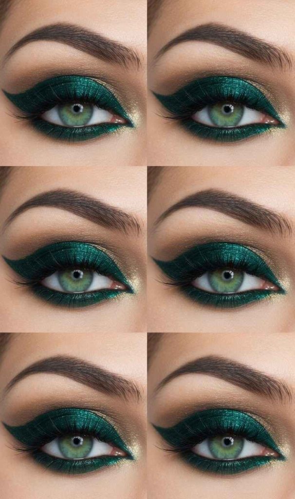 Macro images showing emerald shimmer across the lid, gold tear-duct glow, and a clean upward wing.