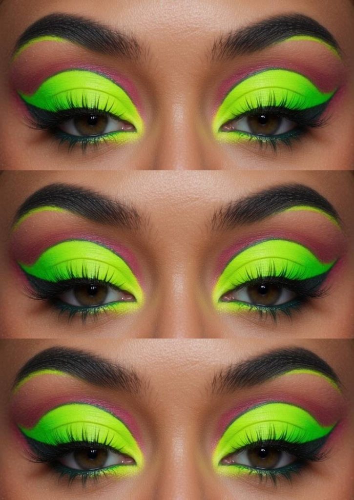 Neon eye makeup idea showing lime cut-crease eyeshadow with defined edges, pink-maroon transitions, and green liner detailing the lower lash line.