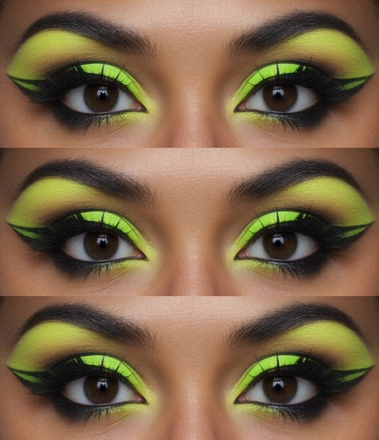 Close-up of a neon eye makeup idea featuring bold yellow shadow and intense black smoked liner with a dramatic winged finish.