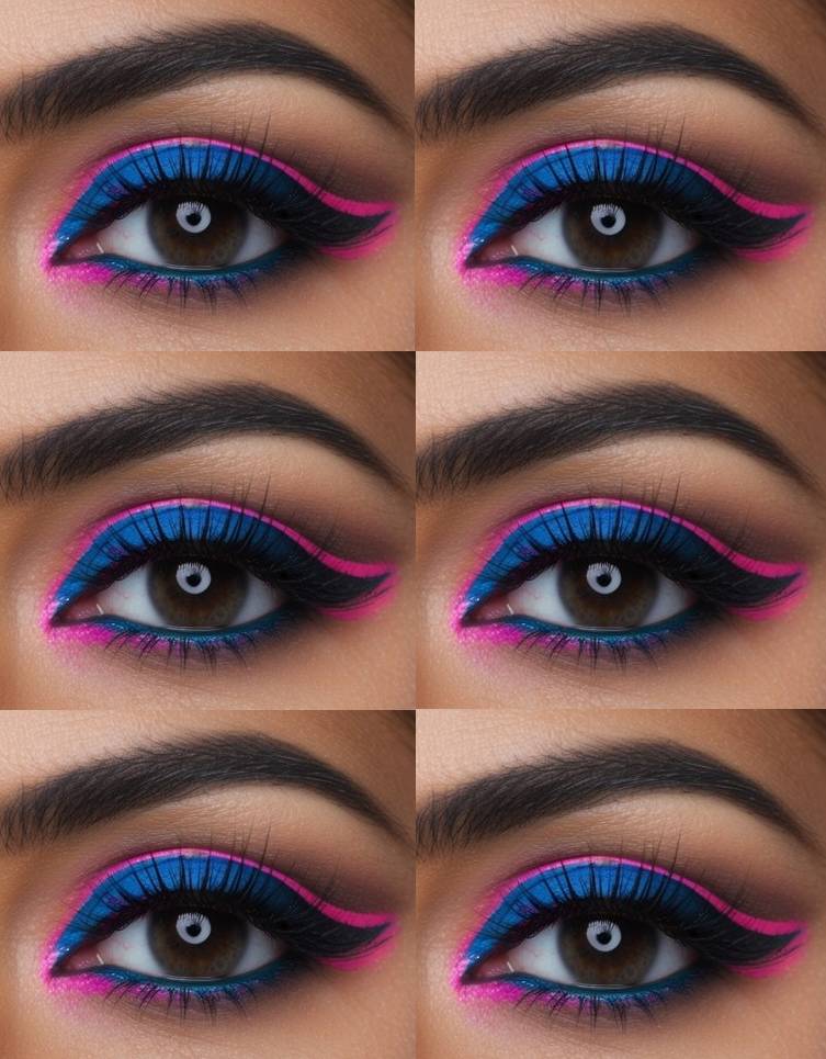 Close-up of a neon eye makeup idea with bright blue eyelids, hot pink edges, and black liner for a playful, graphic effect.