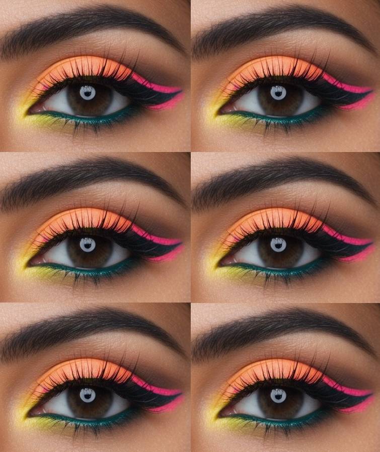 A collage of six close-up images of an eye with bold, vibrant makeup featuring orange, pink, and teal eyeshadow, with a yellow accent near the tear duct and a dramatic pink eyeliner wing.