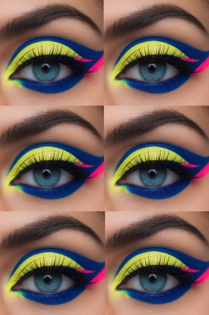 Neon eye makeup idea with cobalt blue liner, bright yellow eyeshadow, and pink accent wing for a bold, high-impact contrast look.