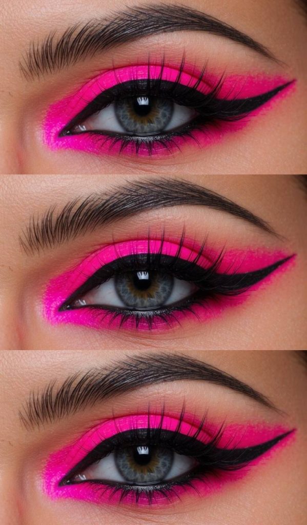 Close-up of a neon eye makeup idea featuring vibrant pink eyeshadow paired with dramatic black eyeliner for a rebellious glam finish.