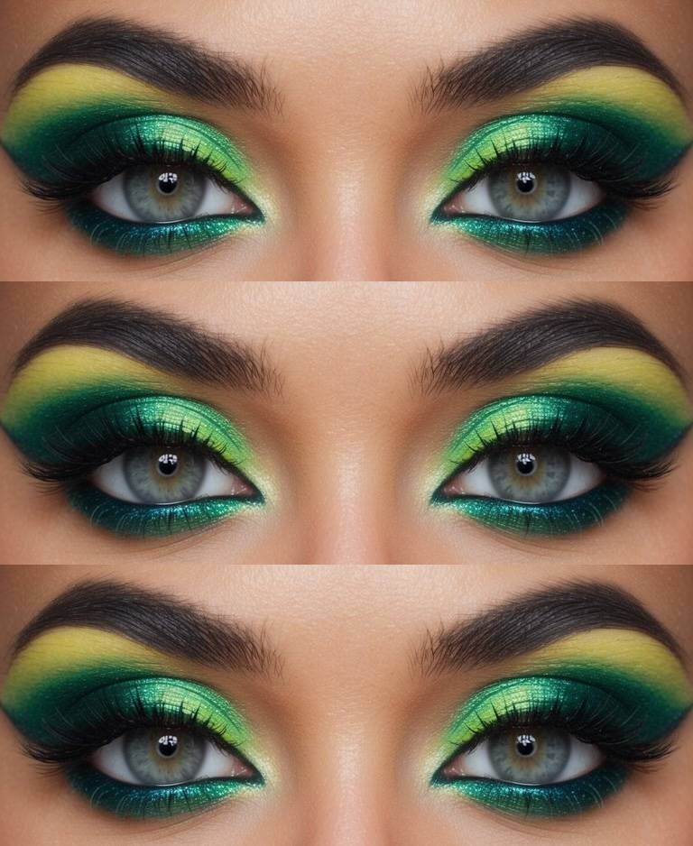 Neon eye makeup idea with blended yellow and green shadows, featuring metallic emerald shimmer and soft gradient detailing for a leafy, luminous look.