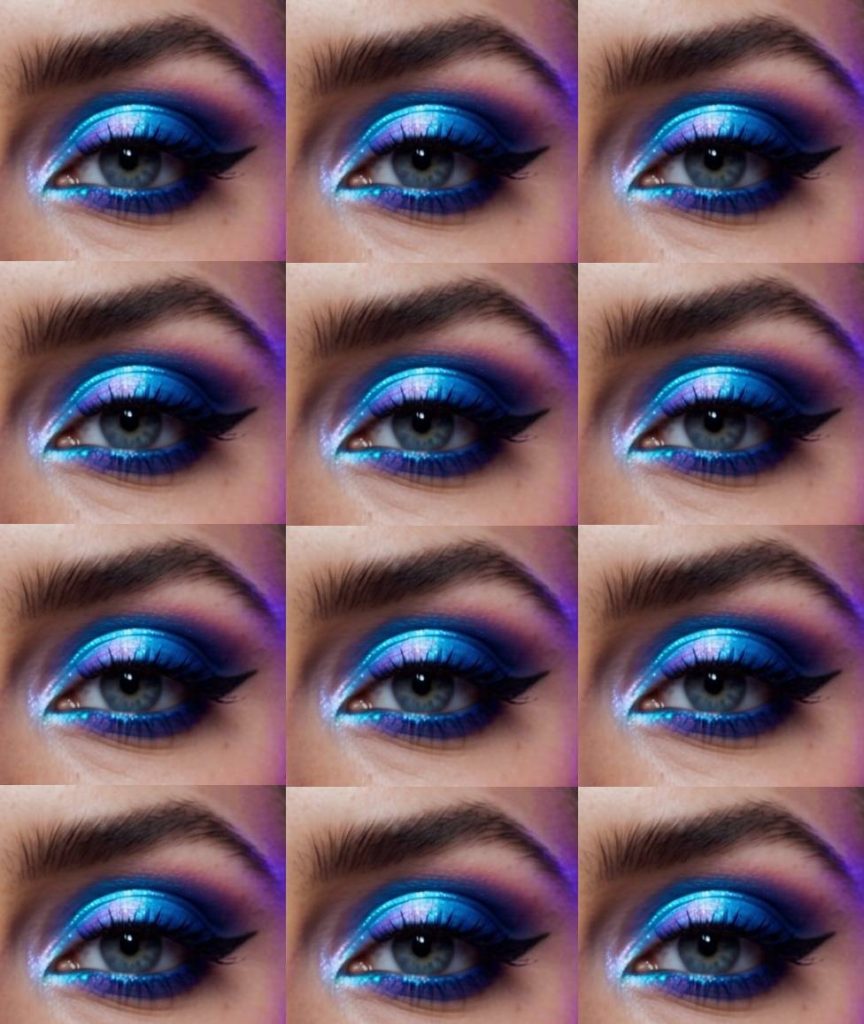 Neon eye makeup idea using turquoise and icy lavender shimmer shadows with black liner for a bold, metallic finish that pops.