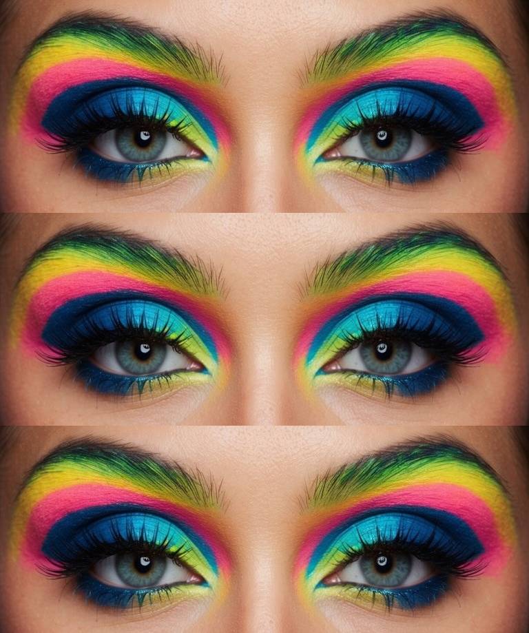 Close-up of a neon eye makeup idea using blended rainbow tones in yellow, pink, and blue gradients, creating a colorful and celebratory effect.