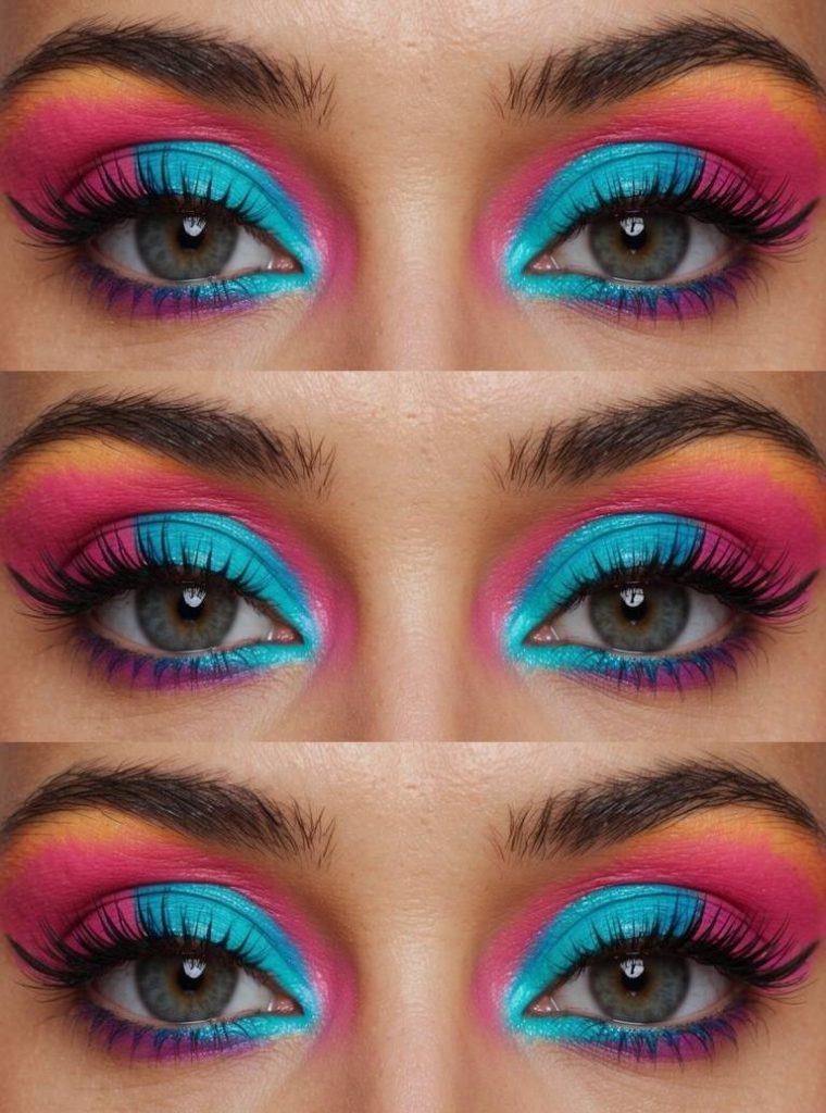 Neon eye makeup idea showing teal lids, pink transitions, and orange-yellow edges for a beachy, sunset-inspired color blend.