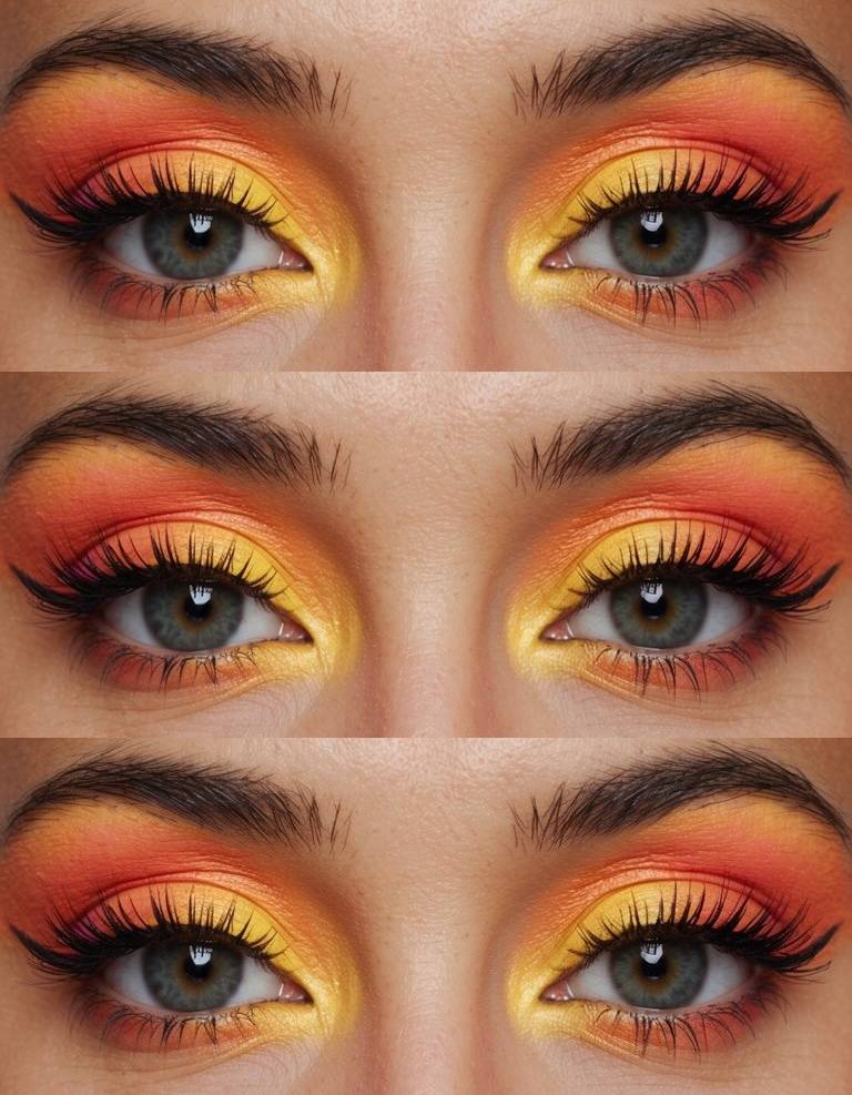 Is this eyeshadow or firelight? This neon eye makeup idea captures flame-like warmth with a blend of golden yellow, glowing orange, and rich ember red.