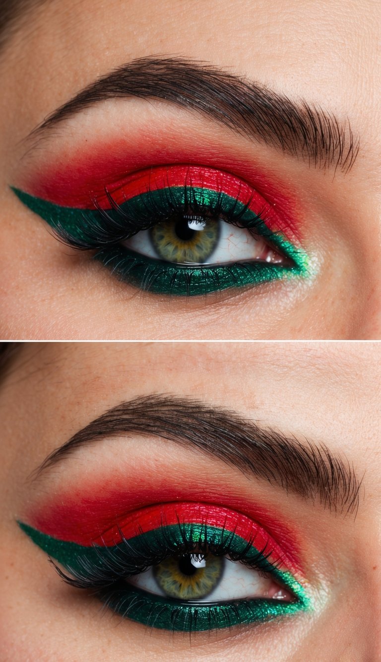 A close-up of vibrant red and green eye makeup, with intricate details and shimmering accents