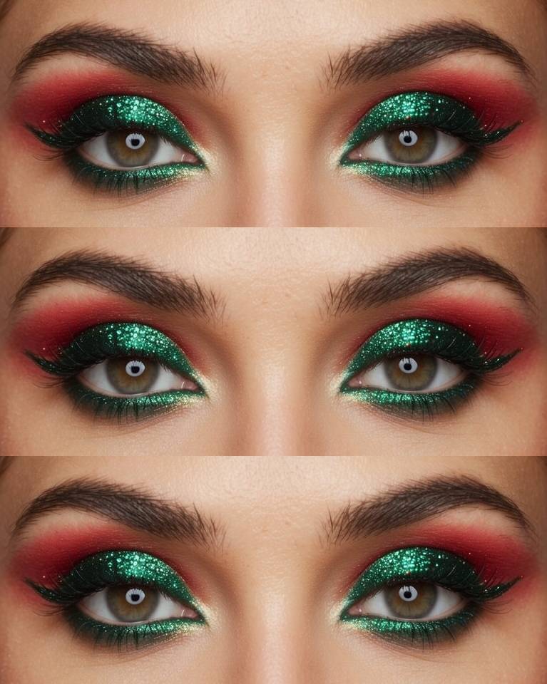 Close-up of eyes wearing a red and green eye makeup idea with high-shine green glitter on the lids, warm red crease shading, clean blending, and full lashes.