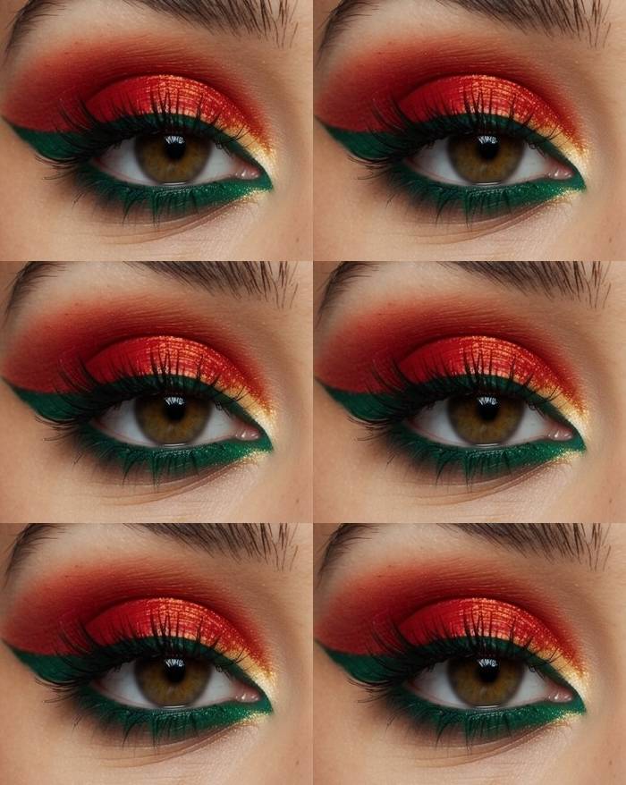 Close-up of an eye showing a red and green eye makeup idea with metallic red shimmer on the lid, emerald green winged liner, smooth blending, and dramatic lashes.