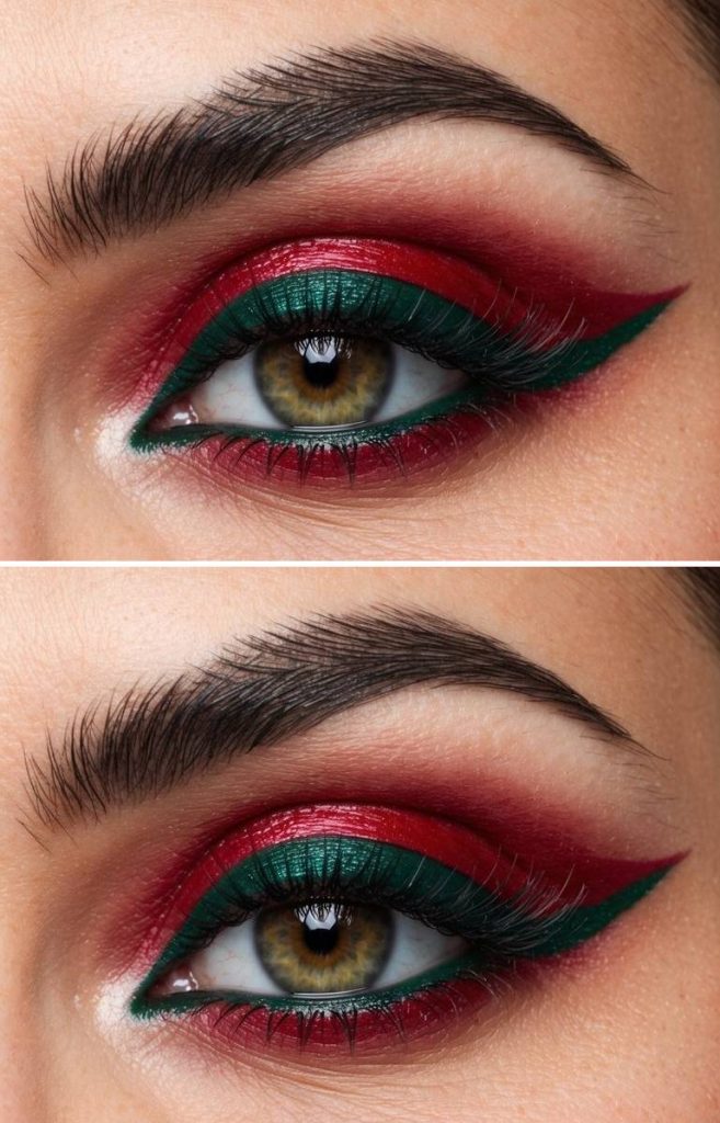 Single eye close-up displaying a red and green eye makeup idea with deep red eyeshadow framing the eye, precise green wing, smooth transitions, and bold lash definition.