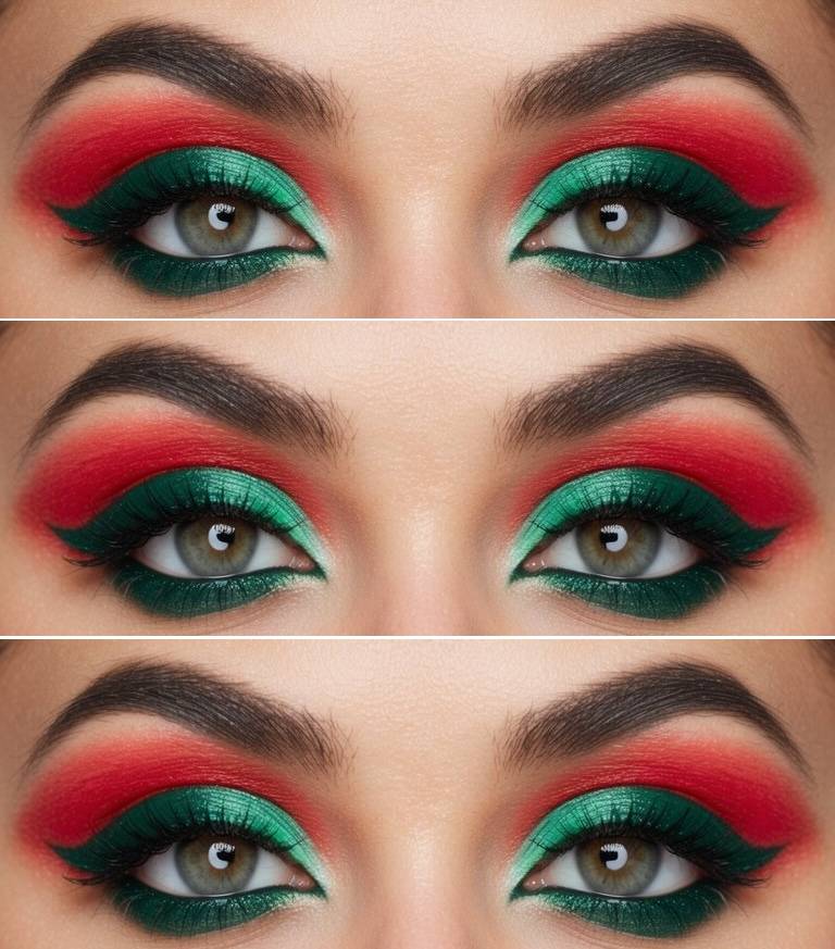 Front-facing eyes showing a red and green eye makeup idea with bold red crease color, emerald green shimmer on the lids, clean blending, and dramatic lash volume.