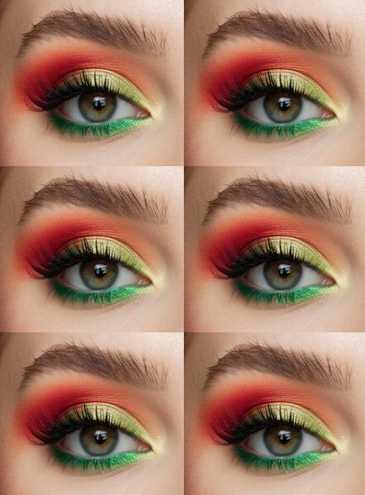 Detailed eye makeup featuring a red and green eye makeup idea with diffused red shadow, green shimmer across the lid, soft blending, and a smooth holiday-inspired look.