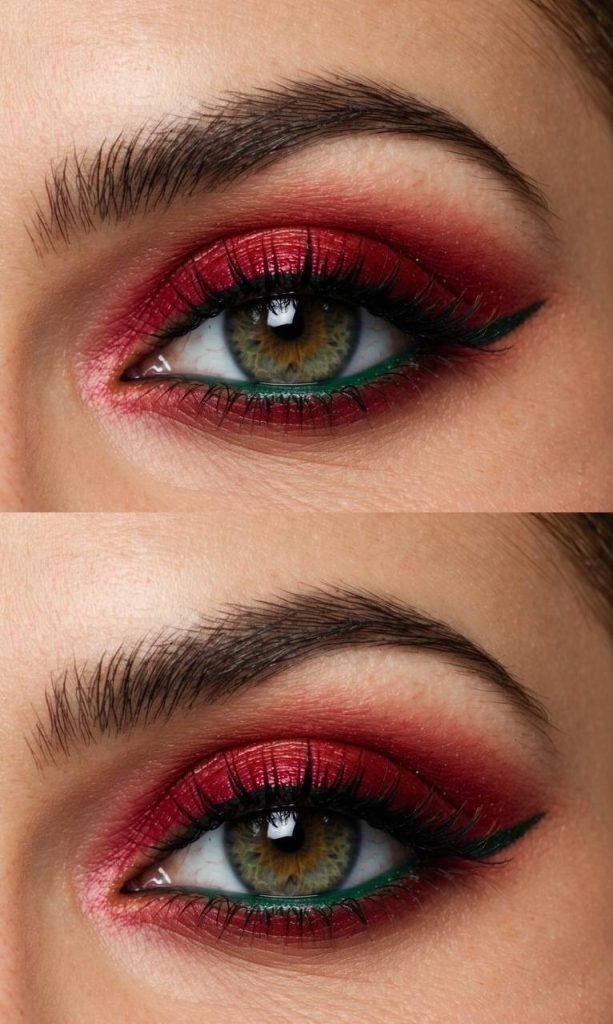 Close-up of an eye showing a red and green eye makeup idea with deep red shimmer on the lid, thin green liner along the lash line, soft blending, and defined lashes.