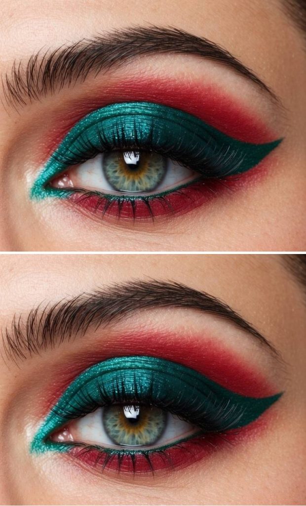 Detailed eye makeup featuring Red and Green Eye Makeup Ideas with metallic green eyeshadow, softly blended red crease and lower lash shading, and smooth gradient transitions.
