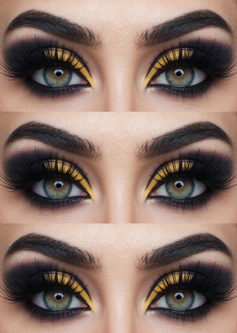 Close-up of green eyes with dramatic makeup, featuring bold yellow and black eyeshadow and thick, full eyelashes, repeated three times in the image.