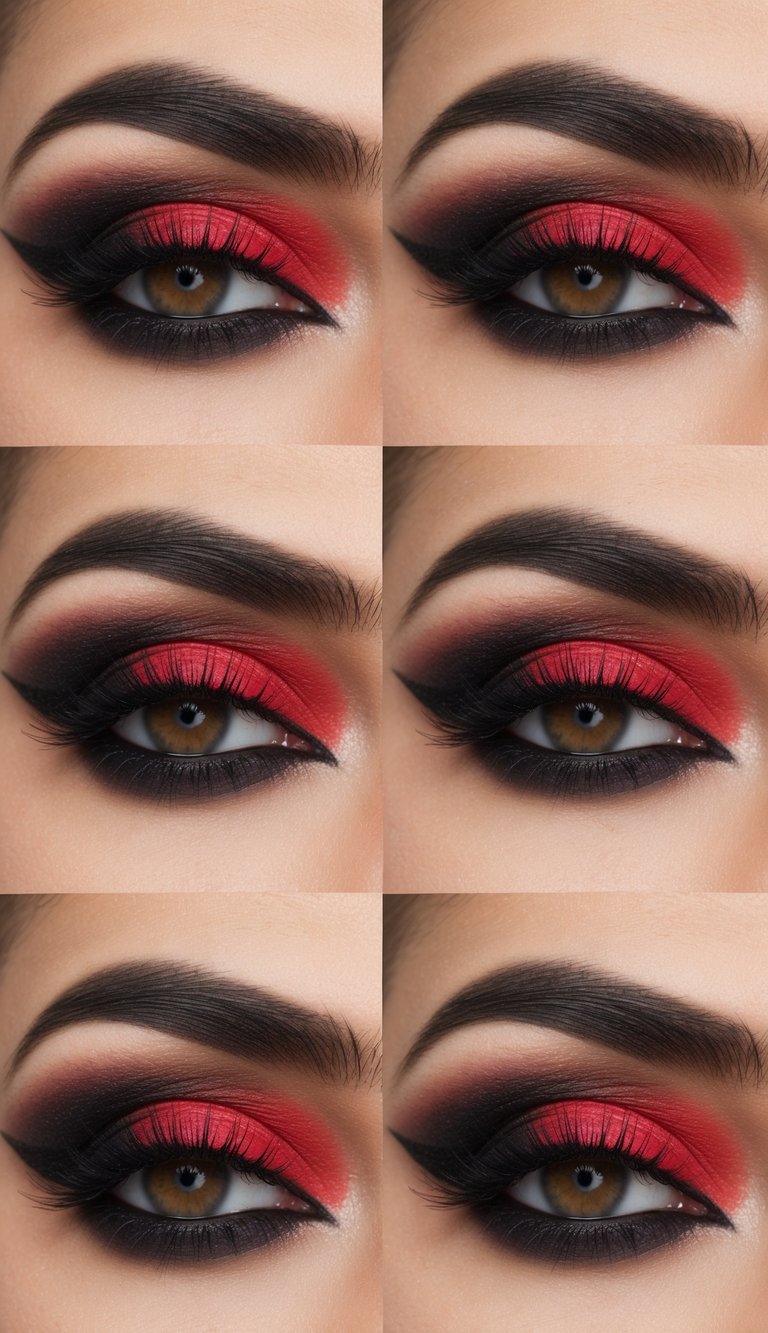 Simple Halloween eye makeup idea with rich red eyeshadow on the lid, blended into deep matte black with defined liner for intense contrast.