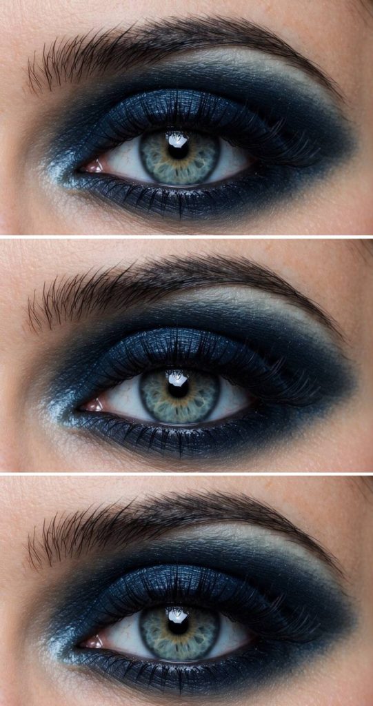 Simple Halloween eye makeup idea with dark blue shadow smoked across the lid and lower lash line, creating a bold, ocean-inspired depth.