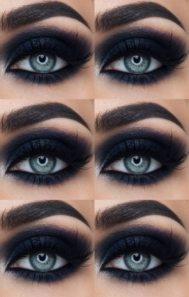 Simple Halloween eye makeup idea with deep navy and black matte shadow, softly diffused into the crease and lower lash line for a dramatic yet wearable look.