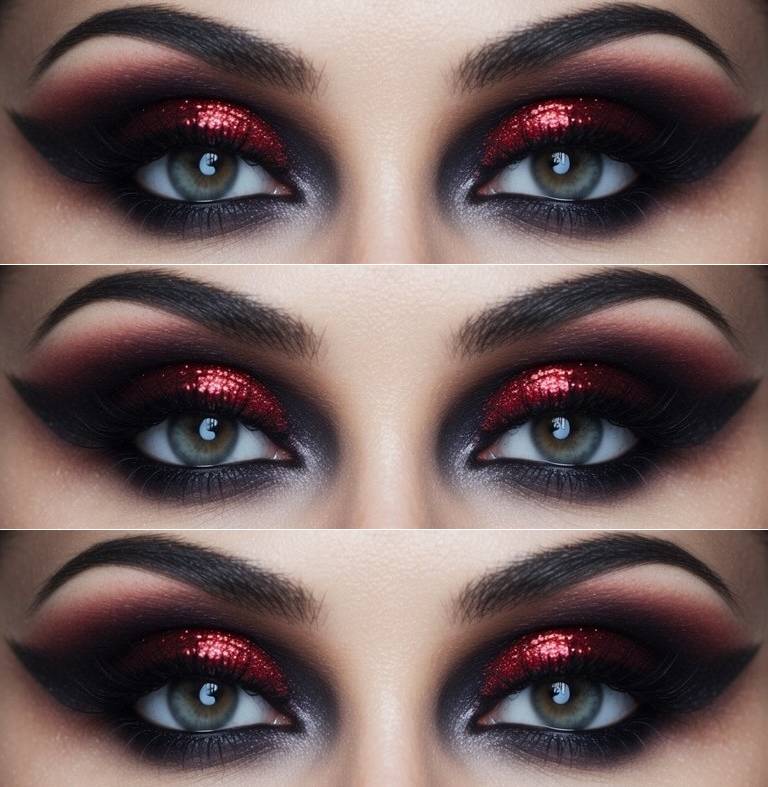 Simple Halloween eye makeup idea featuring red shimmer on the eyelids, black matte shadow smoked into the crease, and soft maroon transition tones.